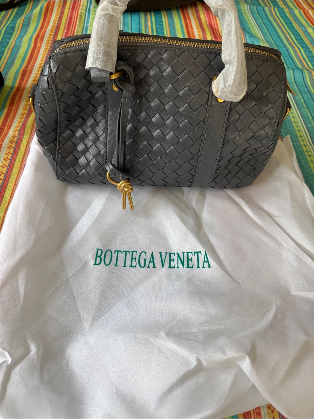 Bottega Veneta Dark Gray Intrecciato Leather Satchel with Gold Hardware